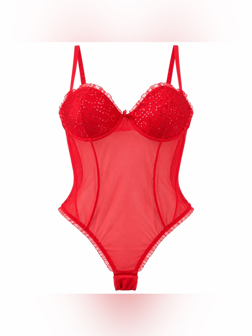 Philippe Matignon Red Sheer Mesh Sequin Teddy Bodysuit Size S